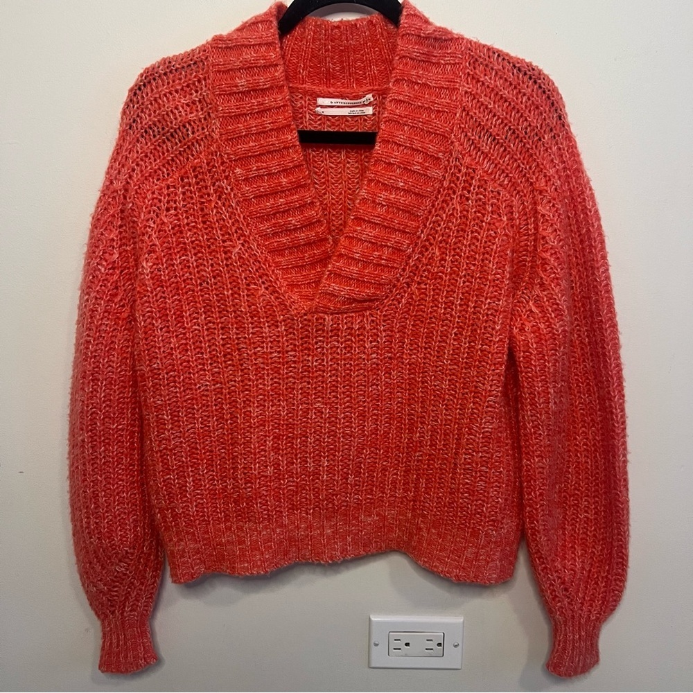 Anthropologie Pink Wool V-Neck Sweater Spring Career Office Work Minimalist Boho